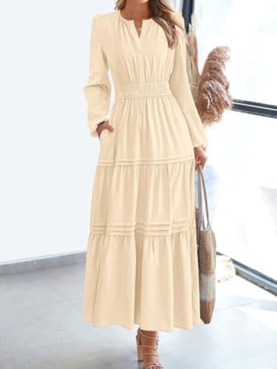 Dresses & Skirts - 🆕 Women's Elegant Maxi Dresses Long Sleeve V Neck Flowy Pockets Casual Modest